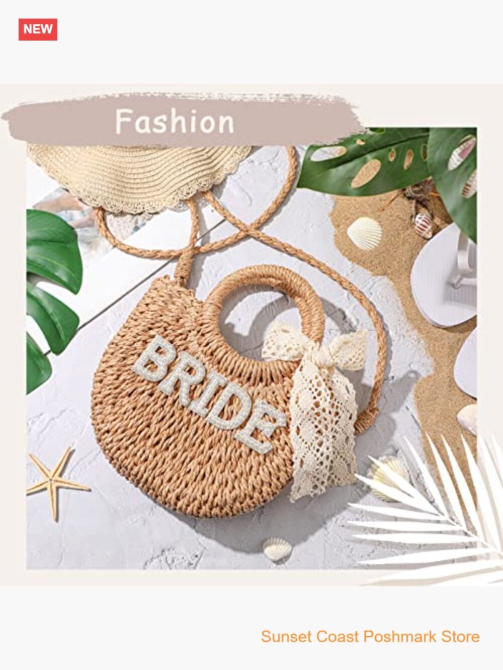 Straw Handwoven Pouch Tote Bride Gift Bag Rhinestone Letter - Picture 6 of 7
